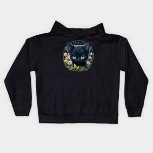 Starry Night Kitten with Big Blue Eyes and Pink Flowers Kids Hoodie
